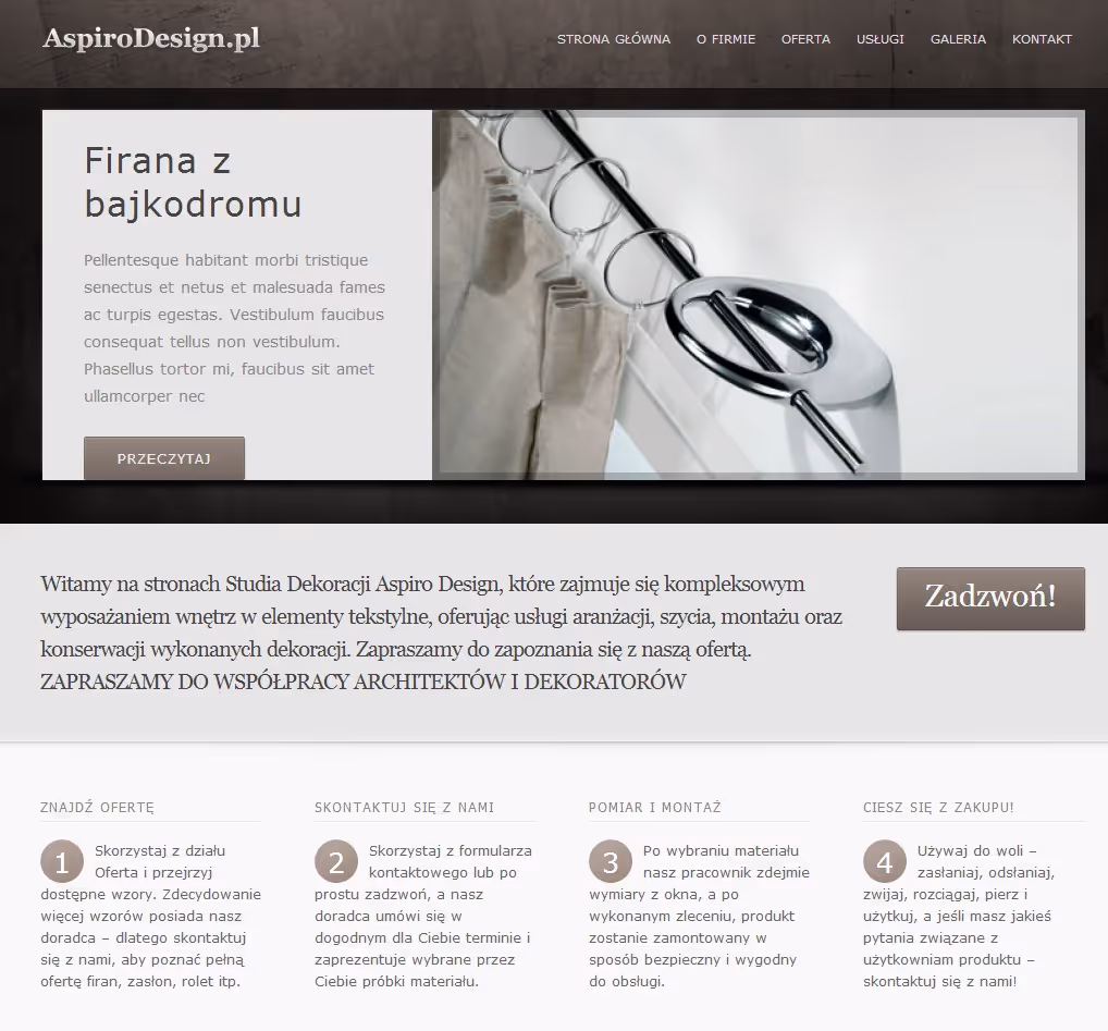 Projekt strony aspirodesign.pl dla firmy projektowej, oparty na WordPressie, z naciskiem na czytelną prezentację usług, szybkie działanie i wygodną edycję treści.