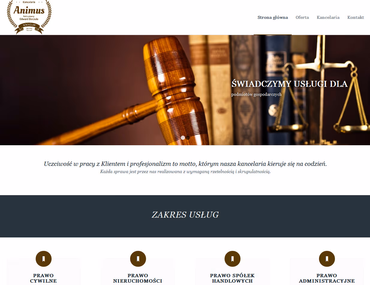 Projekt strony kancelaria-animus.pl dla kancelarii prawnej, przygotowany z myślą o wiarygodnej prezentacji usług, czytelnej strukturze i łatwym kontakcie.