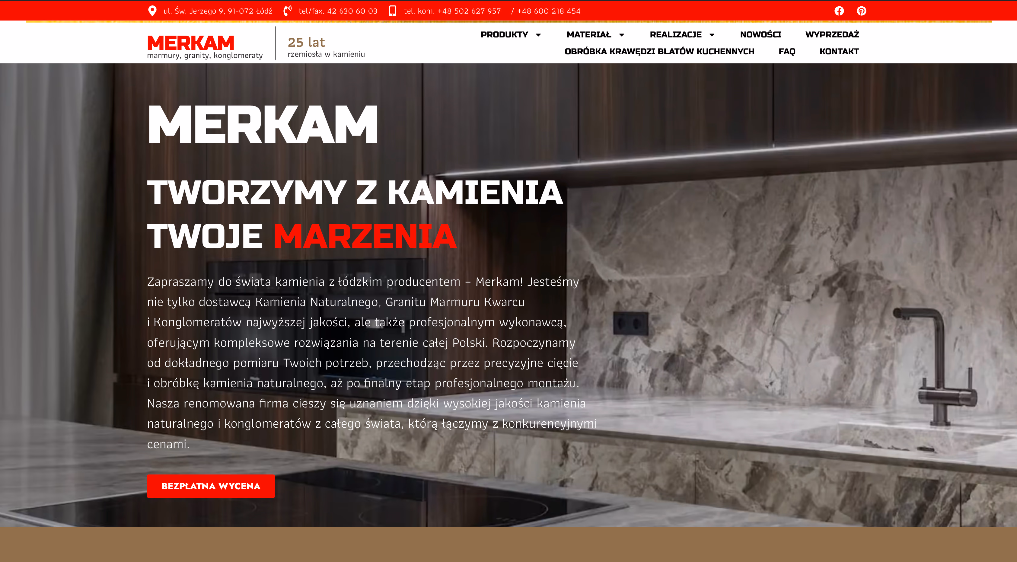 Strona merkam.eu została zaprojektowana dla producenta blatów kuchennych z granitu, konglomeratu i marmuru. Celem witryny jest prezentacja oferty produktowej, galerii realizacji oraz pozyskiwanie zapytań od klientów zainteresowanych nowoczesnymi rozwiązaniami kuchennymi.