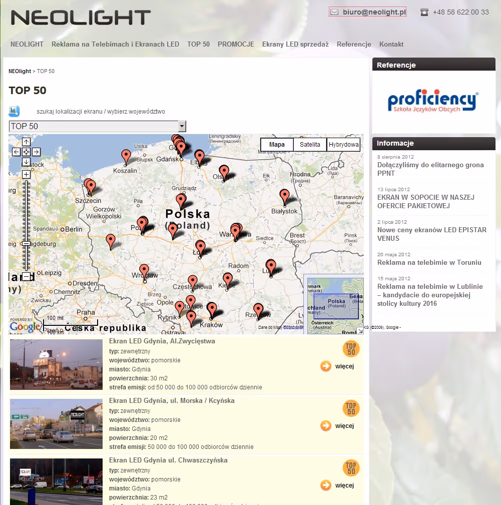 Neolight.pl to projekt w moim portfolio jako programista WordPress, zrealizowany jako portal reklamowy wspierający kampanie na ekranach LED w Po...